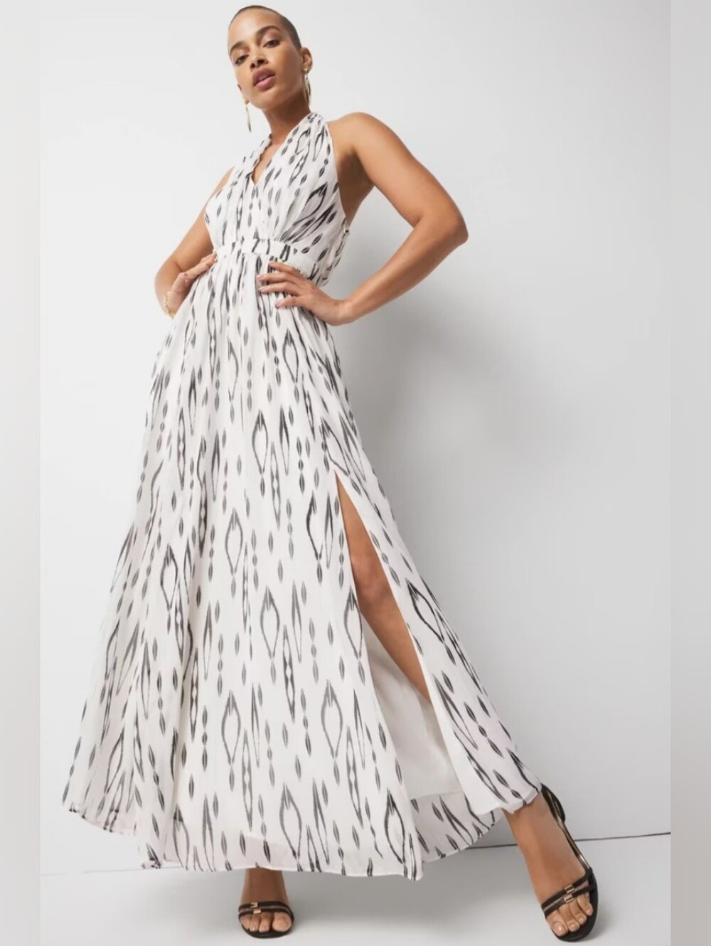 WHBM Leila Ikat Print Ecru Maxi Goddess Halter Dress wMetallic Gold Stripes Sz:8